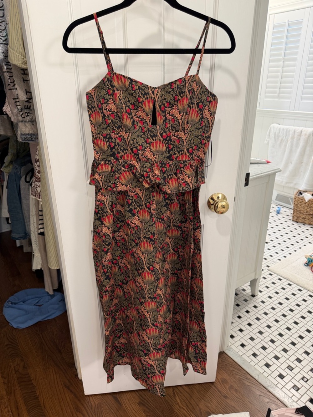 Floral Print Spaghetti Strap Midi Dress - Red/Black